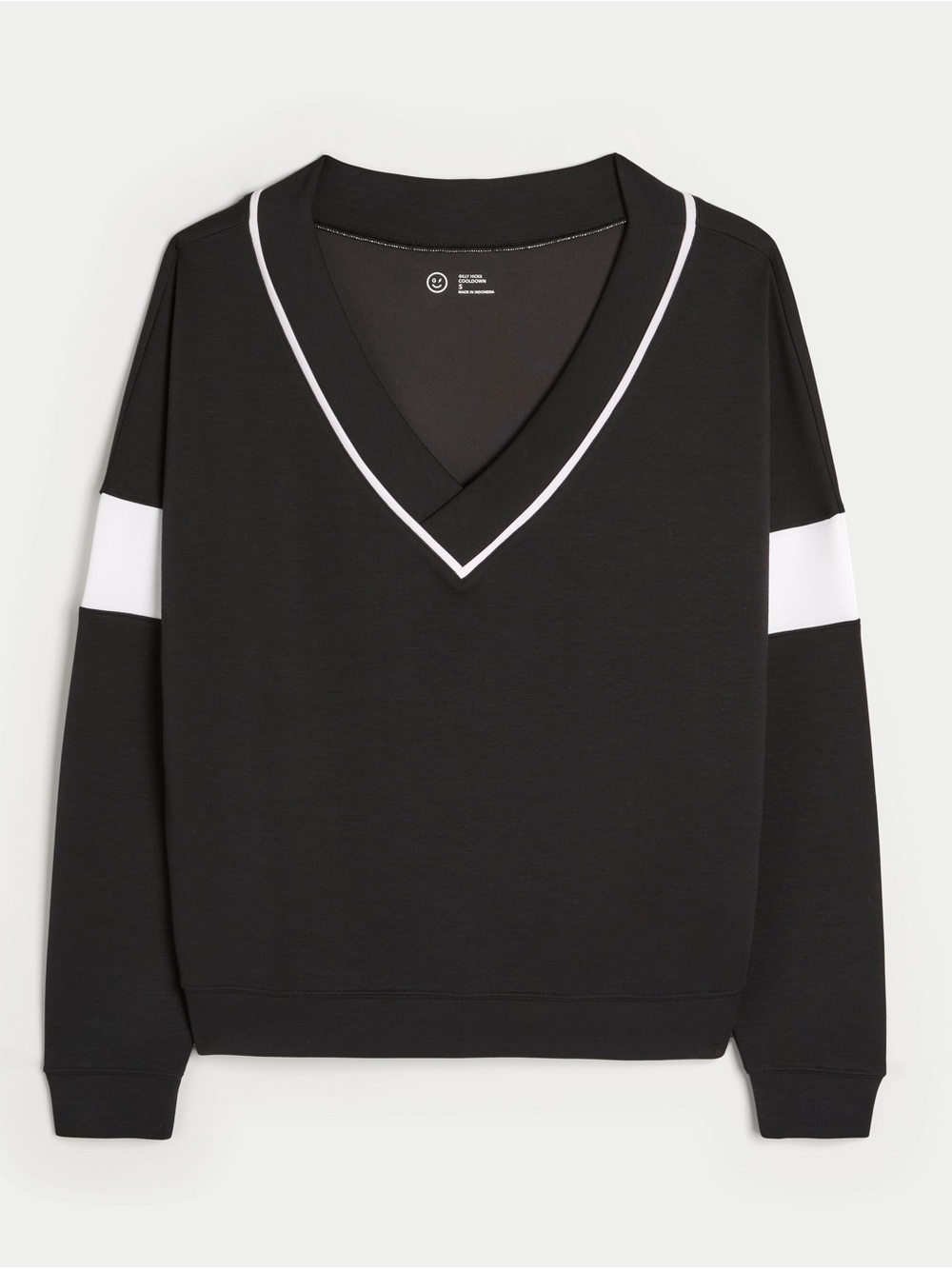Gilly Hicks Black V-Neck Sweatshirt with White Trim and Sleeve Stripes